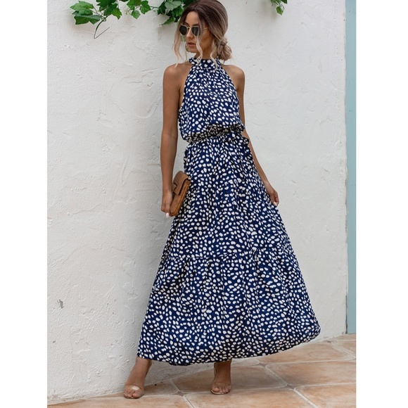 Spotted Print Maxi Dress Tie Belt High Neck - Picture 2 of 13